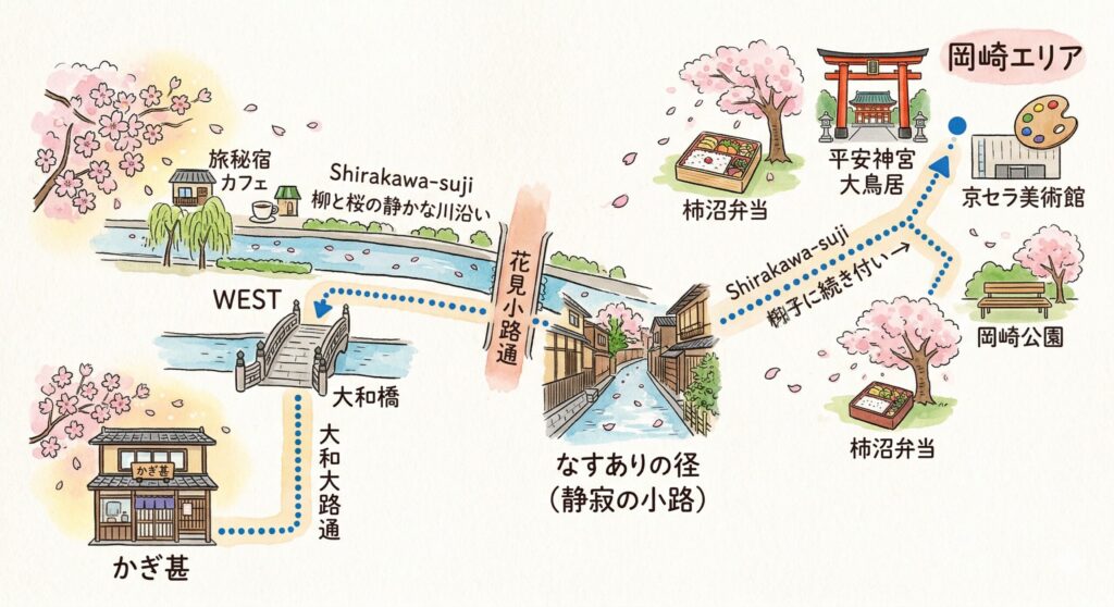 旅のルート　かぎ甚から岡崎公園まで