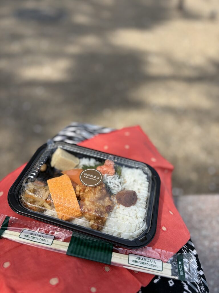 京都　左京区聖護院　柿沼惣菜店の柿沼弁当　岡崎公園にて