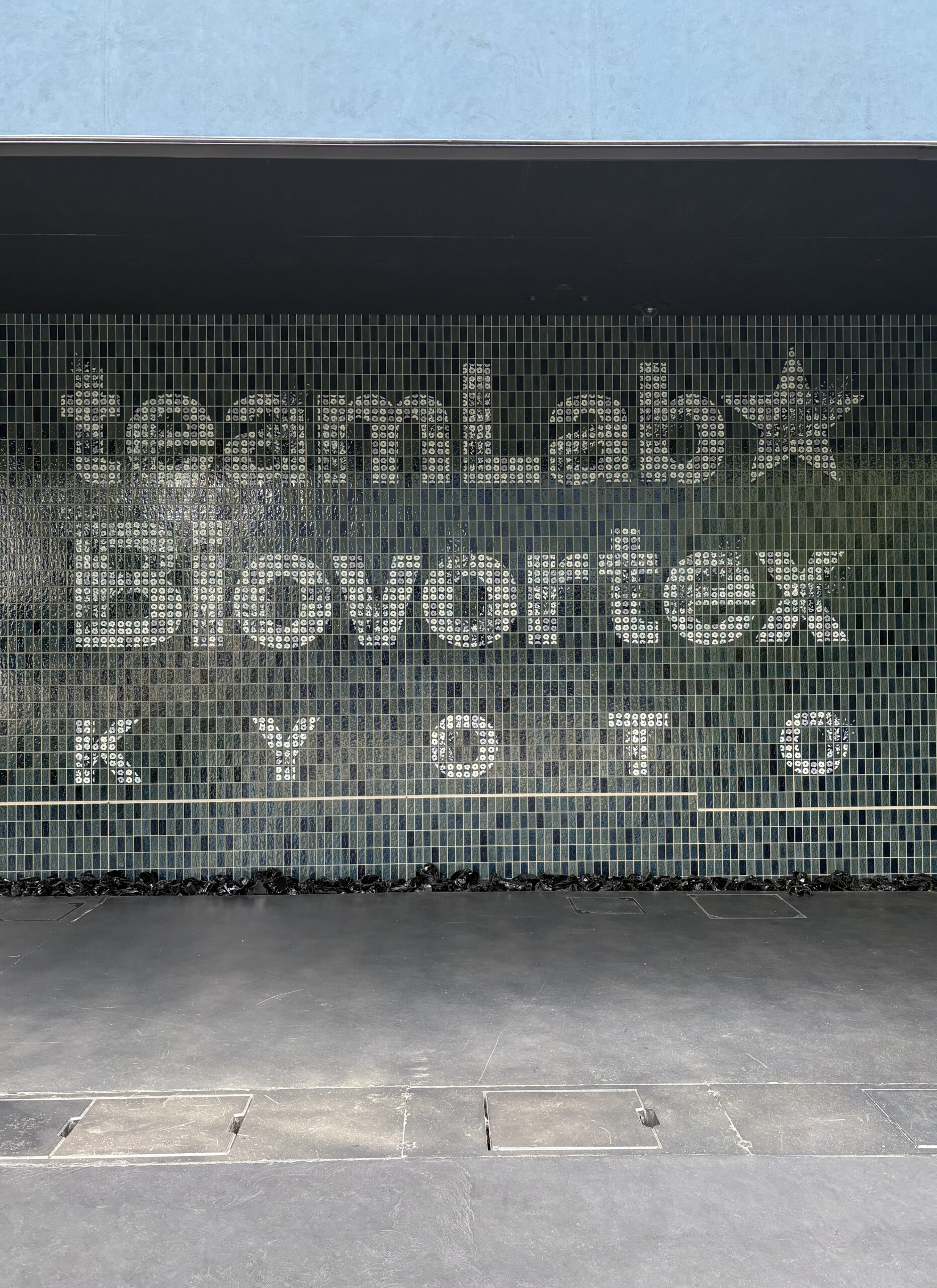 濃い緑のモザイクタイルの壁に、白いタイルで teamLab Biovortex Kyoto