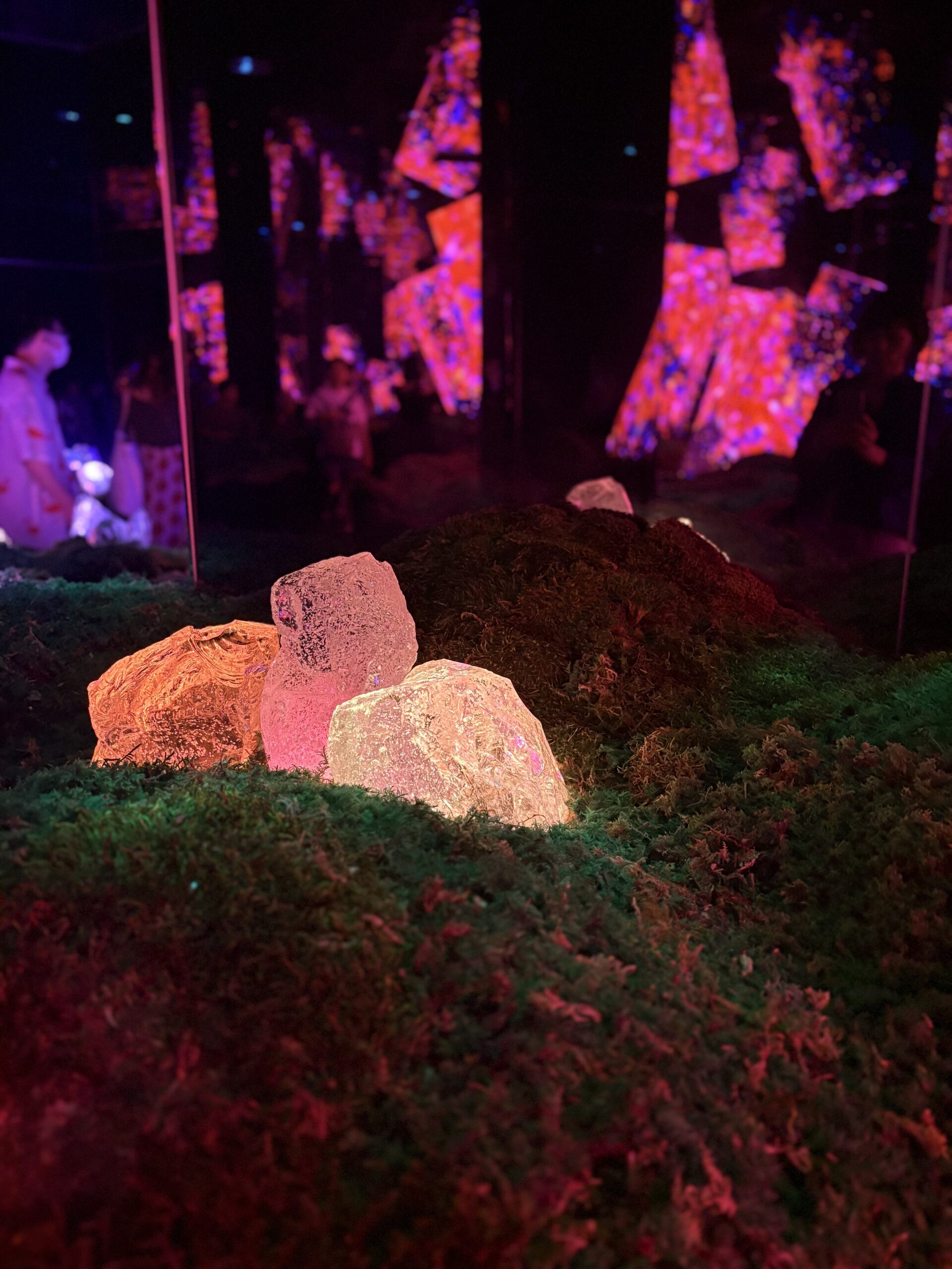 苔むした地面に置かれた半透明の石が、オレンジやピンクに光る展示