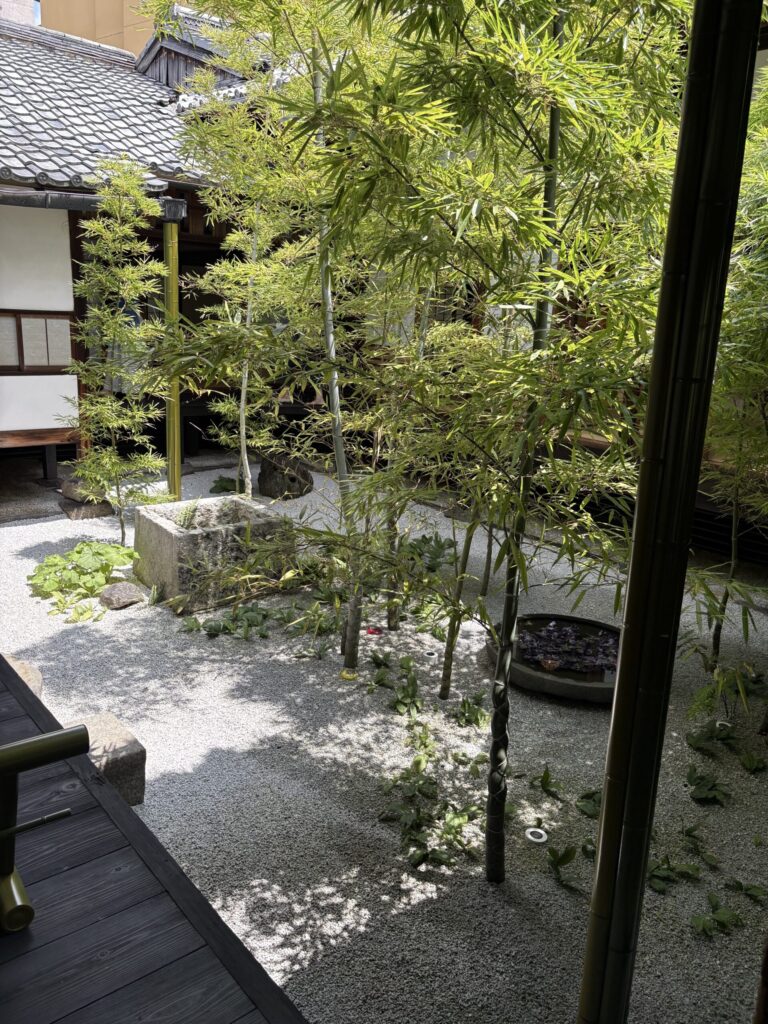 西来院の中庭。白砂から立ち上がる細い竹と、丸い水鉢