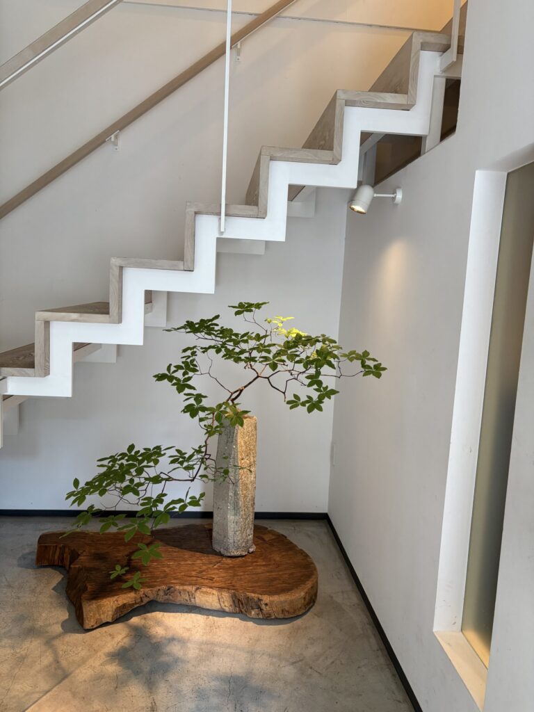 ZEN CAFEが入る建物の入口。白い階段の下に、一枚板と石の花器