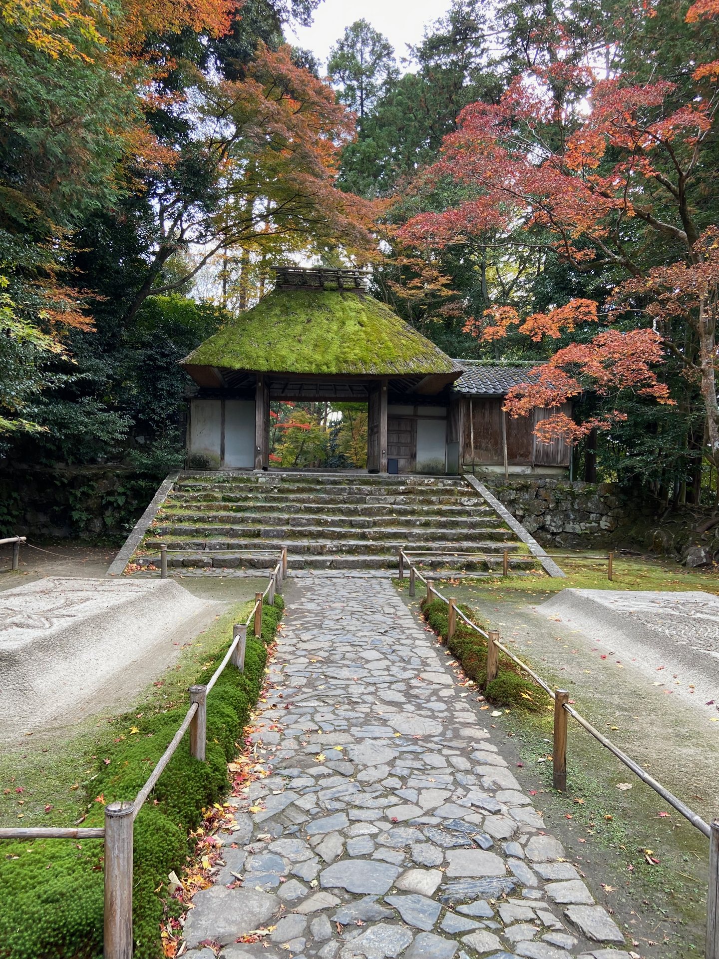 法然院の茅葺きの山門へ続く石畳の参道と、両側の白砂壇、色づいた紅葉
