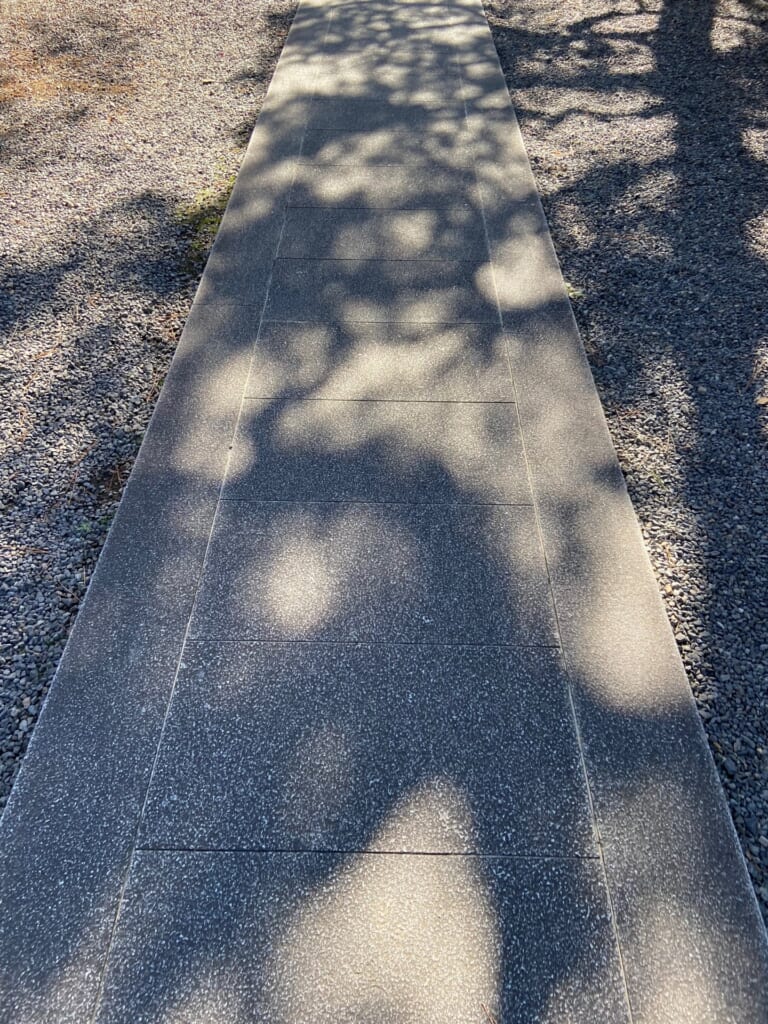 木漏れ日の影が落ちる、まっすぐな石畳