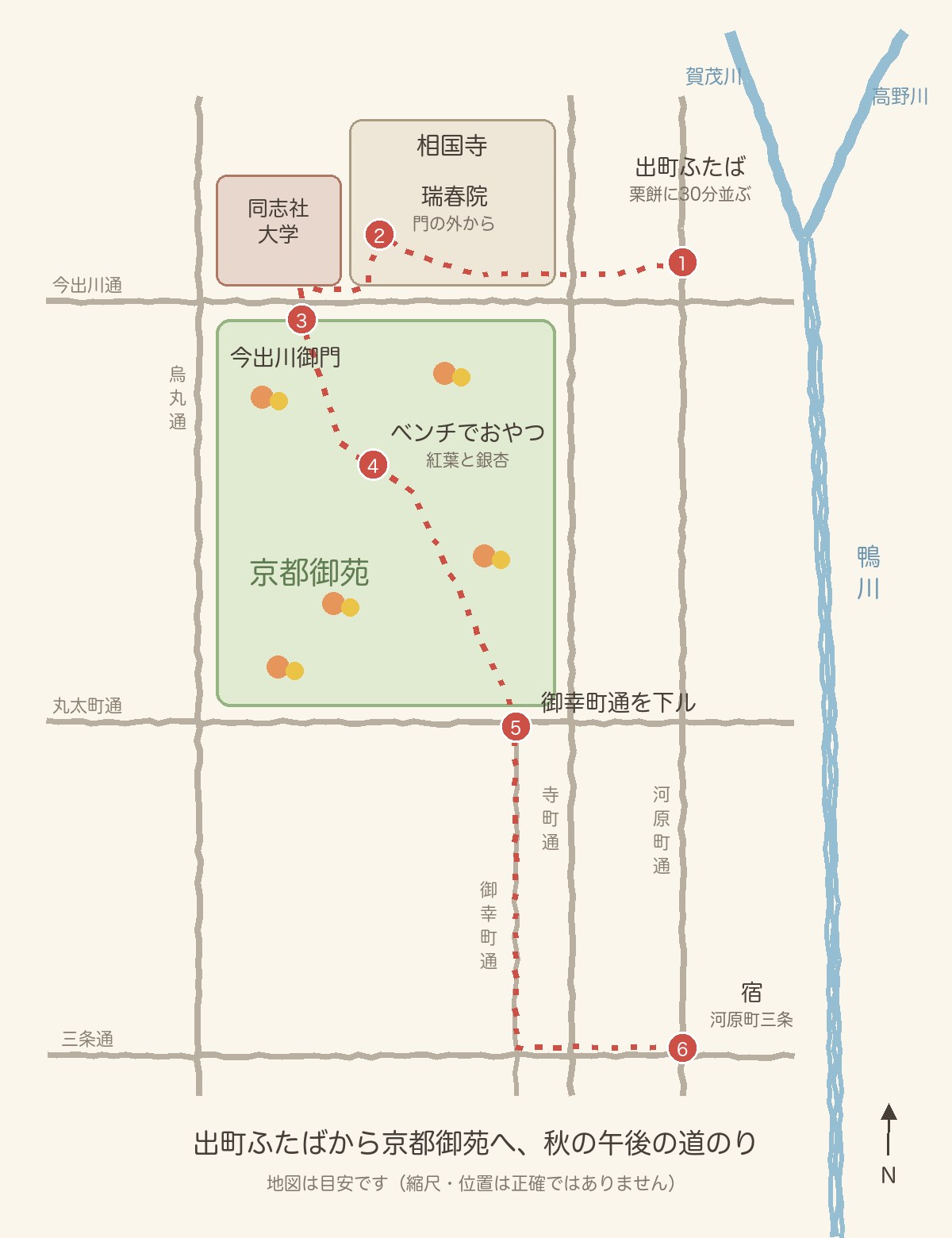 出町ふたばから相国寺の瑞春院、京都御苑を通り、御幸町通を下って河原町三条の宿までの道のりマップ