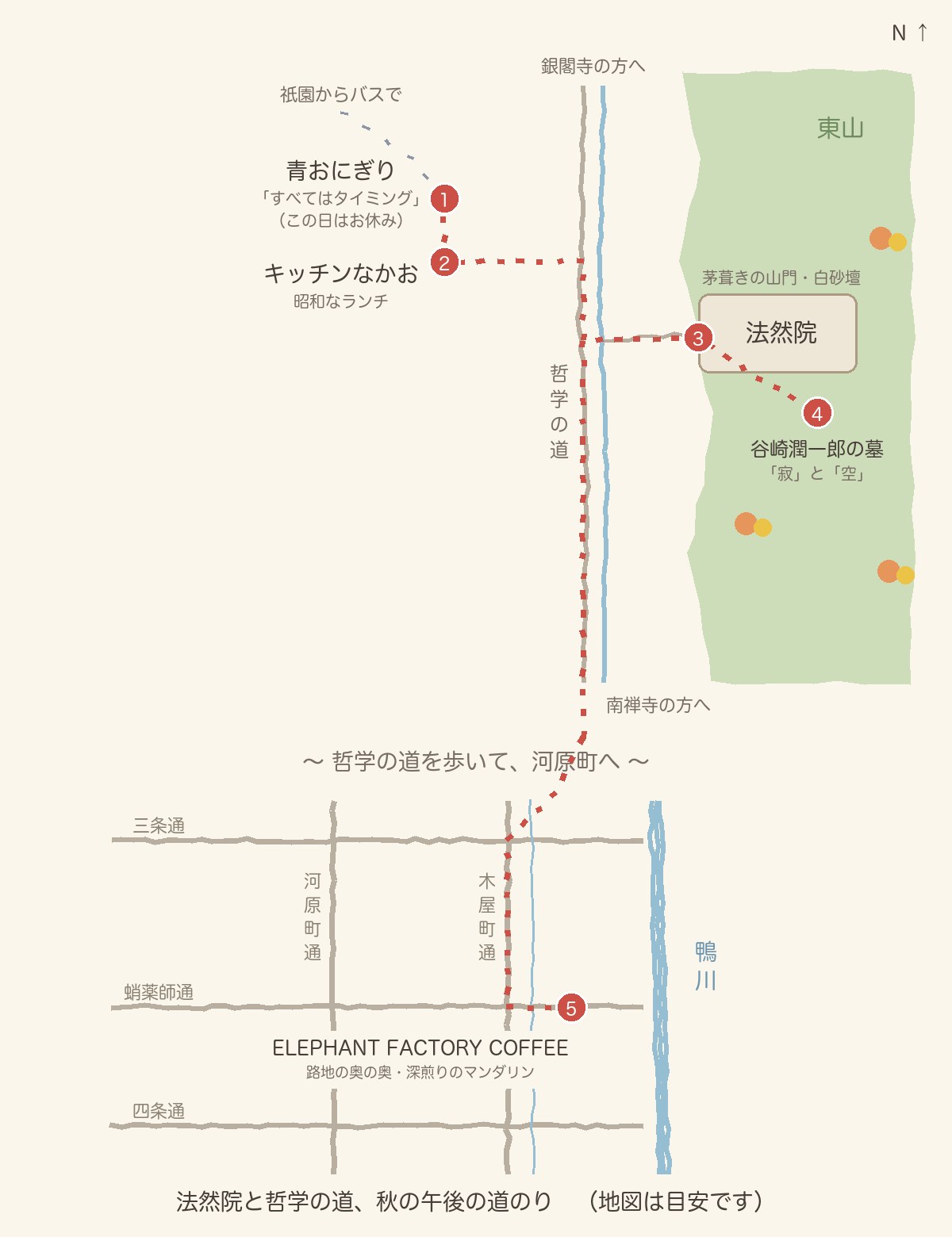 祇園からバスで青おにぎり、キッチンなかおを経て哲学の道、法然院と谷崎潤一郎の墓へ。哲学の道を歩いて河原町へ戻り、木屋町のELEPHANT FACTORY COFFEEまでの道のりマップ